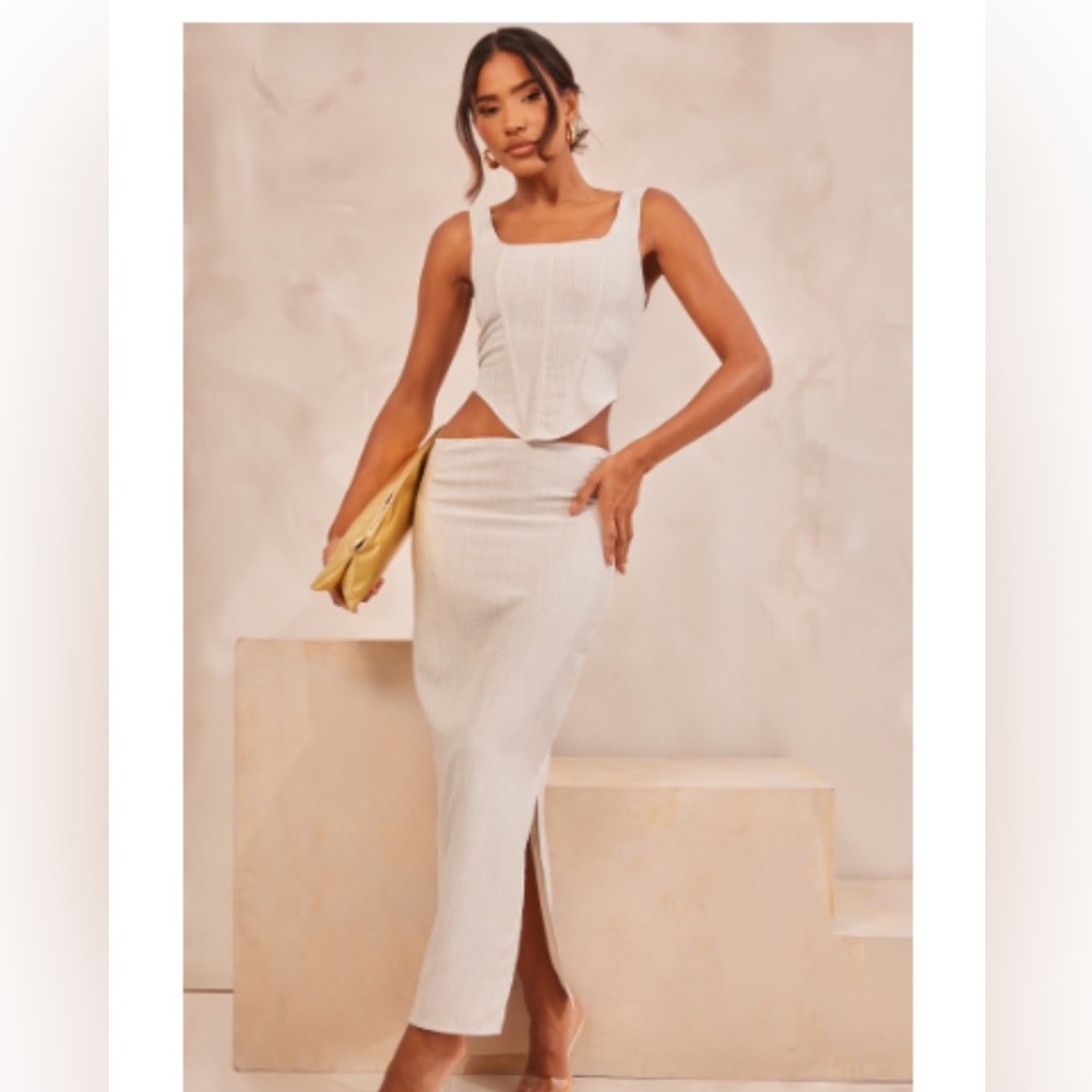 Pretty Little Thing Stone Linen Look Front Corse & Low Rise Midaxi Skirt set